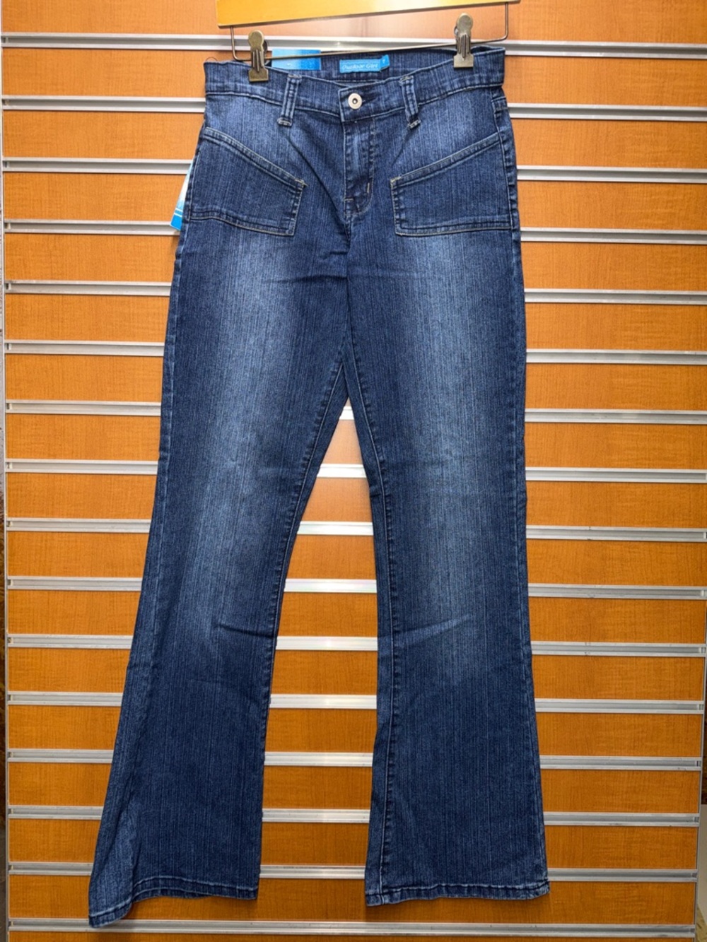 Women's Mid-Blue Flare Jeans with Front Patch Pockets